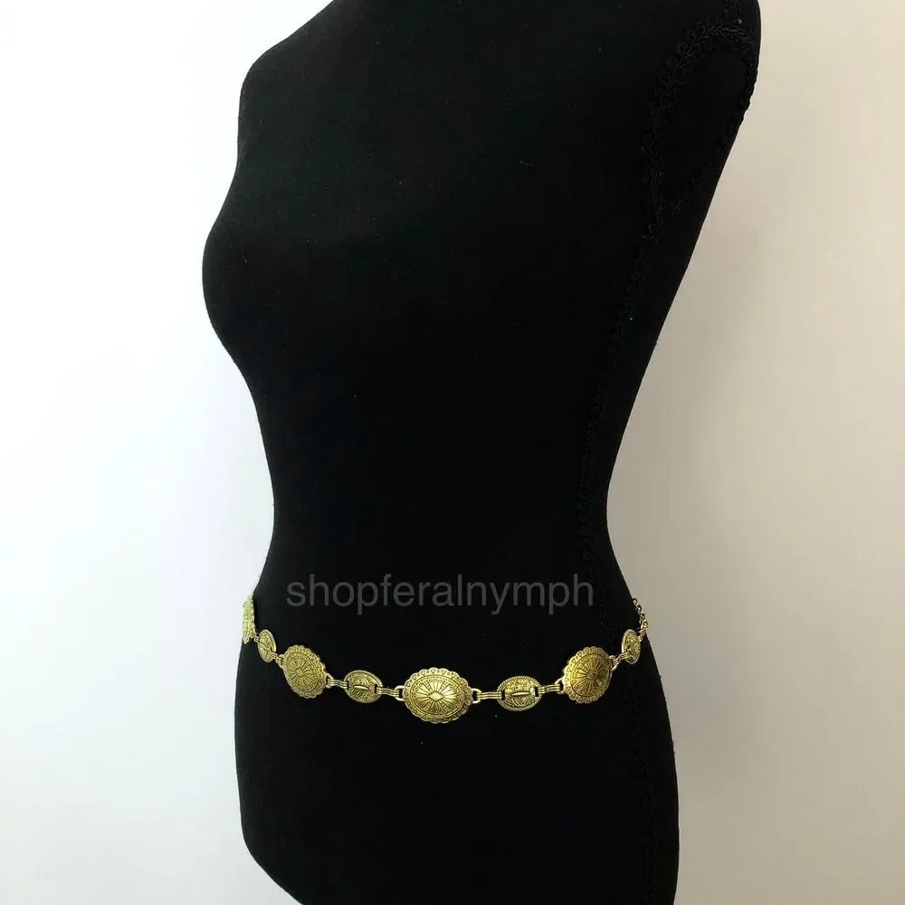 Vintage Y2K Boho Gold Medallion Chain Belt, Fits 22.5–38 Inches, X7GA1199